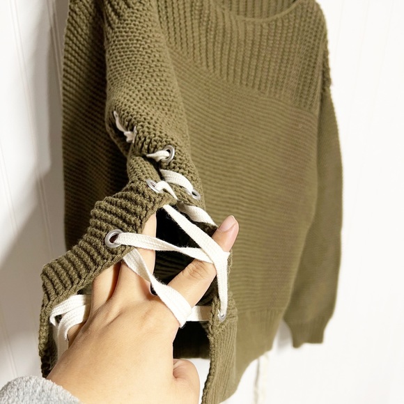 360 Sweater Olive Green Emilia Lace Up Sweater Boatneck Medium M - Picture 5 of 7